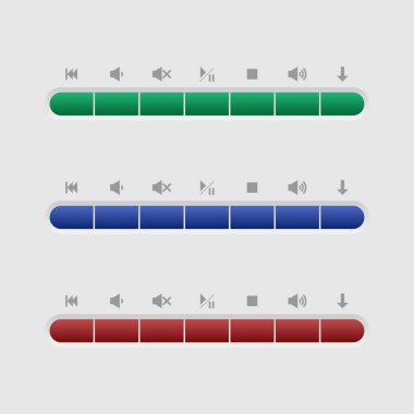 Müzik düğmeleri web arayüzü. Renk düğmeleri müzik yönetimi için. Kitle iletişim araçları oyuncu için düğmeleri.