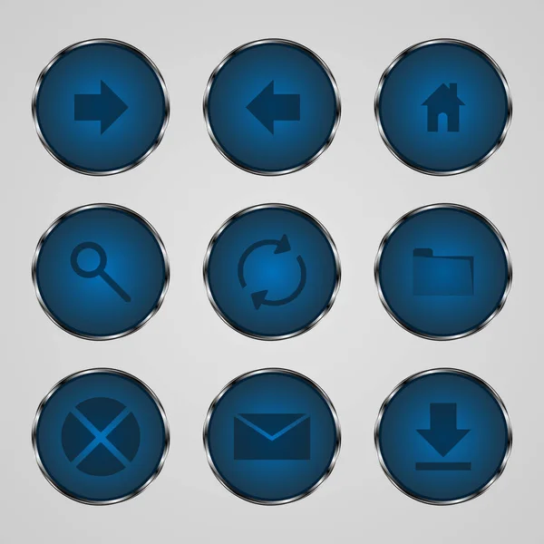 Conjunto Ícones Vidro Azul Com Contorno Metal Ícones Botão Vetorial — Vetor de Stock
