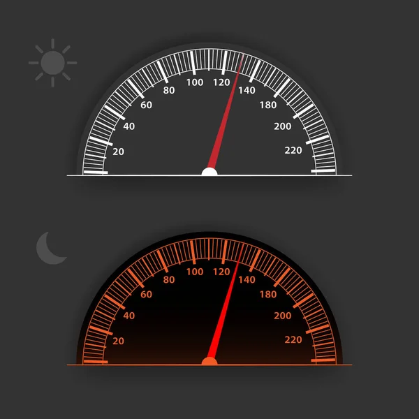 Векторный Спидометр Подсветкой Спидометр Дневным Ночным Режимом Работы Серый Аналоговый — стоковый вектор