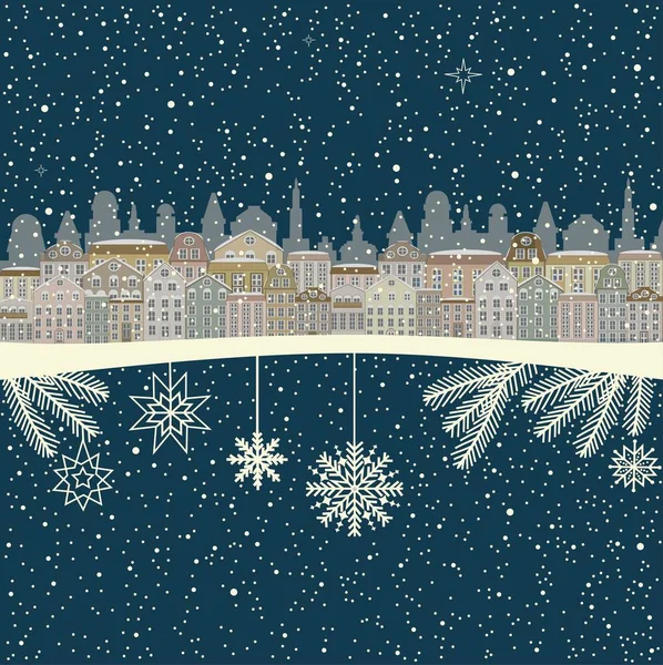 Boże Narodzenie kartkę z życzeniami z domów w zimie — Wektor stockowy