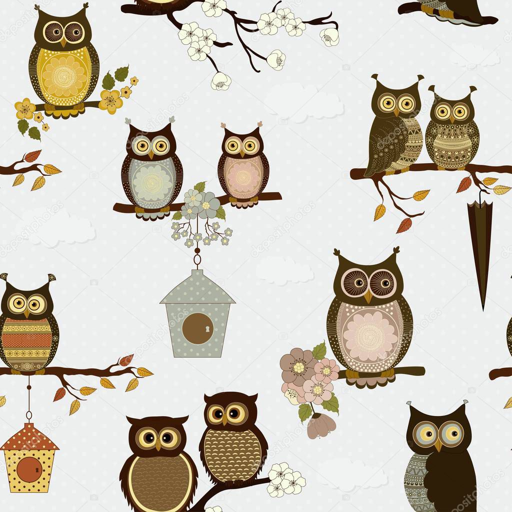 Seamless pattern with cute owls