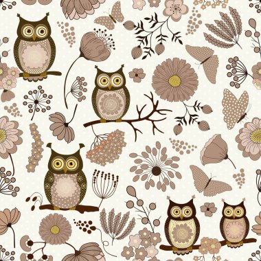 Sevimli çizgi baykuşlar ile çiçek seamless modeli
