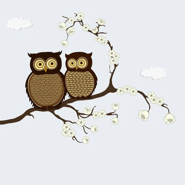 Cute cartoon pair of owls on branch — Stock Vector