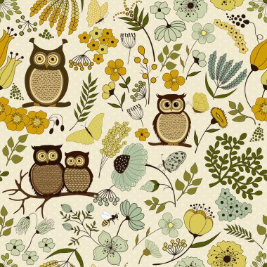 Sevimli çizgi baykuşlar ile çiçek seamless modeli