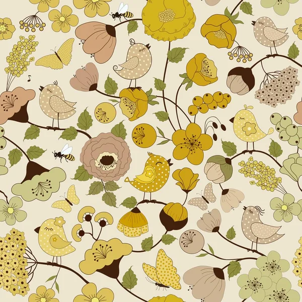 Patrón floral sin costuras con pájaros y mariposas — Archivo Imágenes Vectoriales