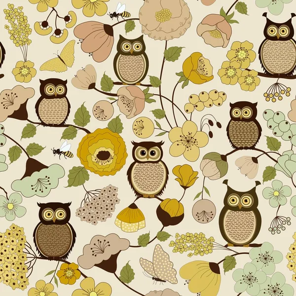 Floral seamless pattern with cute cartoon owls — Stock Vector