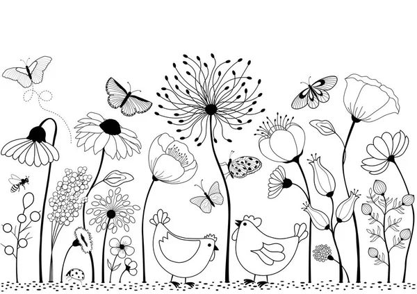 Kaart met schattige cartoon kip tussen bloemen — Stockvector