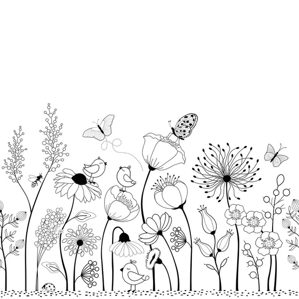 Квітковий безшовний візерунок з птахами та метеликами — стоковий вектор