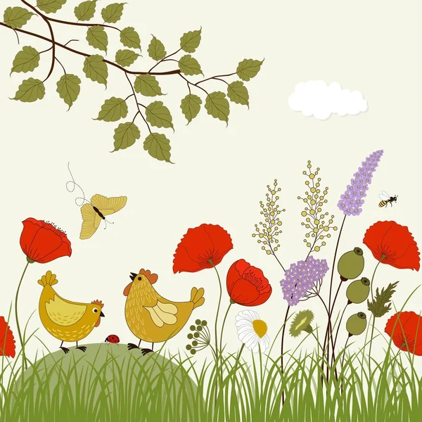 Tarjeta con flores silvestres de colores y aves lindas — Vector de stock