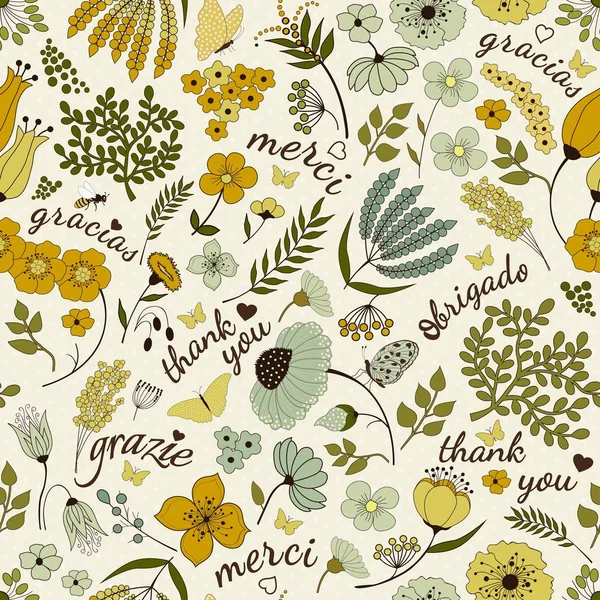 Seamless floral pattern with thank you words — Stock Vector