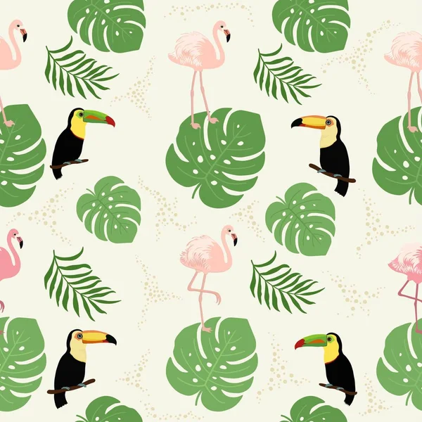 Motif décoratif sans couture avec des feuilles de flamant rose, toucan et tropicales — Image vectorielle