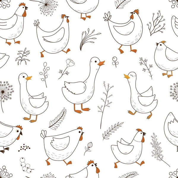 Seamless pattern with cartoon domestic birds — Stock Vector