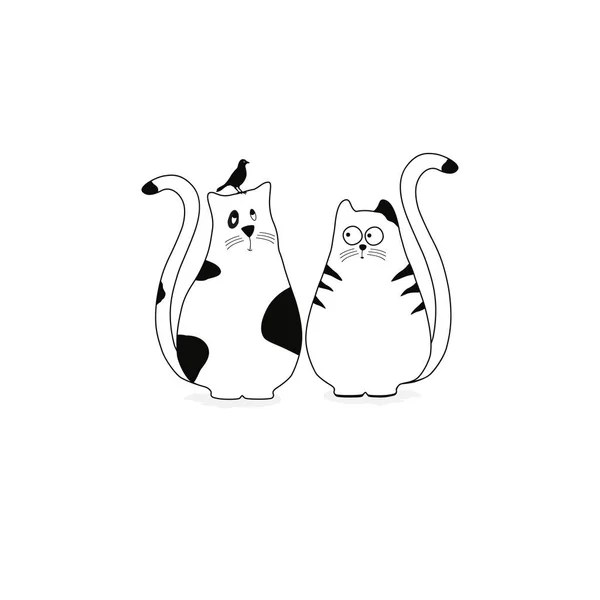 Chats stylisés mignons avec oiseau — Image vectorielle