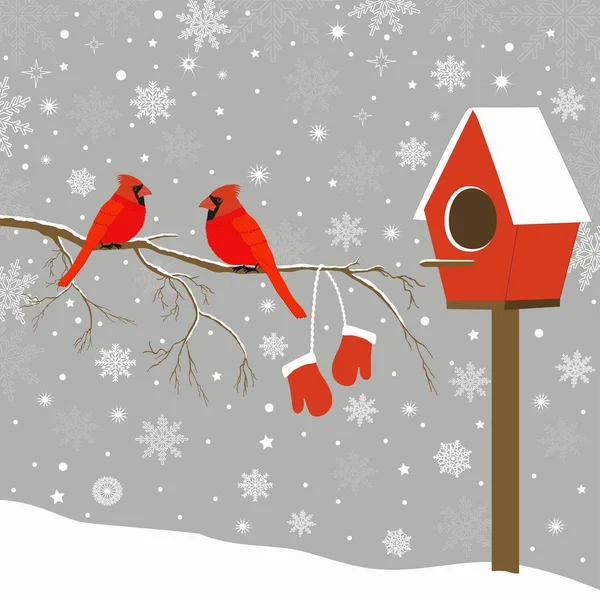 Pássaros vermelhos em galhos e casas de pássaros — Vetor de Stock