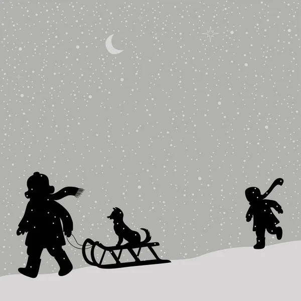 Cartão de Natal com crianças de inverno — Vetor de Stock