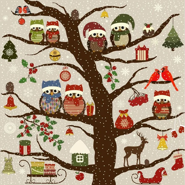 Tarjeta de felicitación con árbol y pájaros de Navidad — Vector de stock