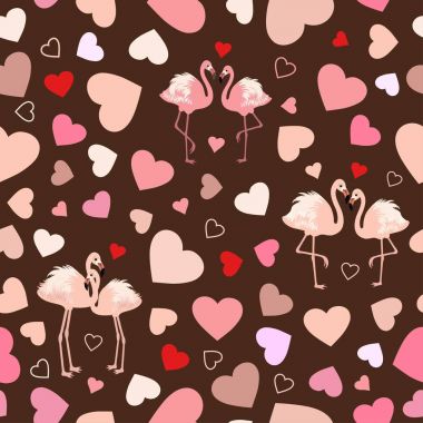 Seamless pattern with hearts and pink flamingos  clipart