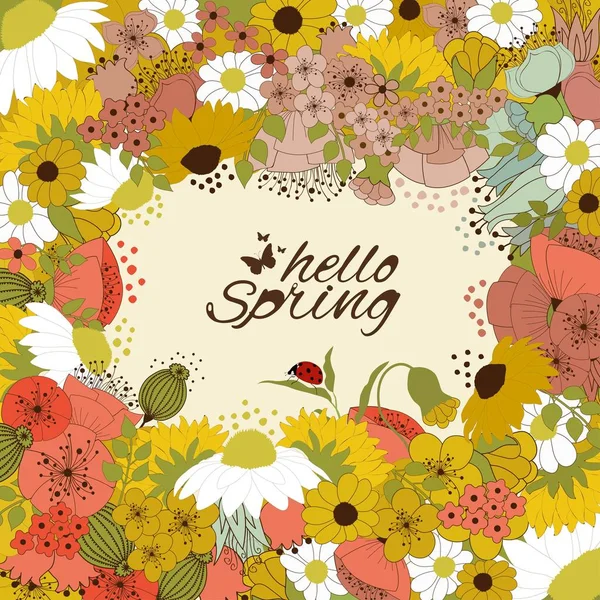 Florale Karte mit Hallo Frühling Text — Stockvektor