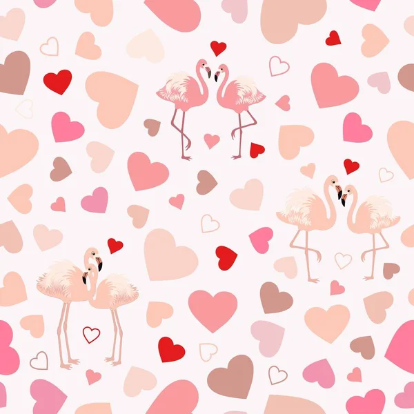 Seamless pattern with hearts and pink flamingos — Stock Vector