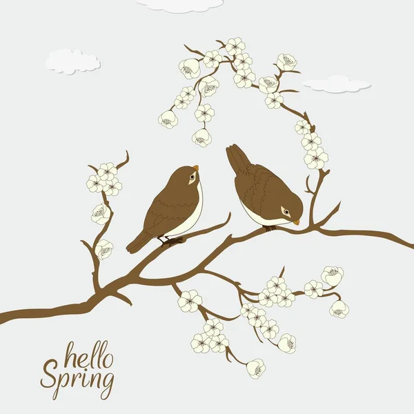 Card floral cu burds drăguț și Hello Spring text — Vector de stoc