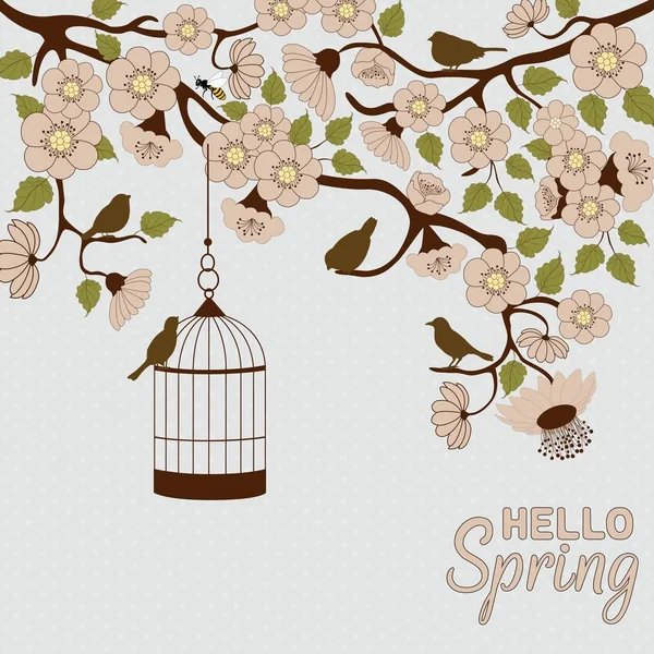 Blumenzweig mit Vögeln und Vogelkäfig. Hallo Frühling. — Stockvektor