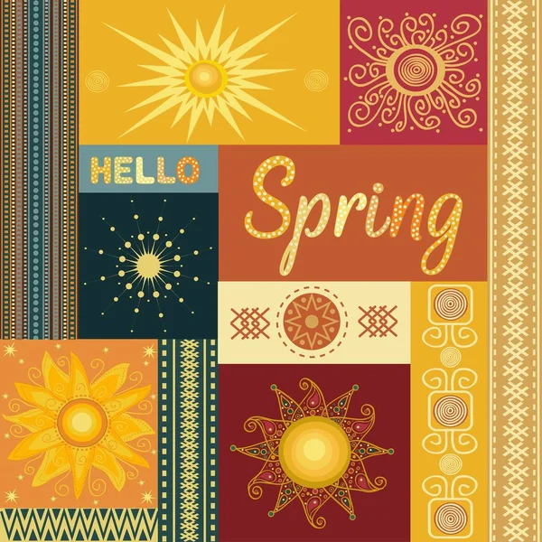 Hallo Frühling. Collage-Muster mit stilisierter Sonne — Stockvektor