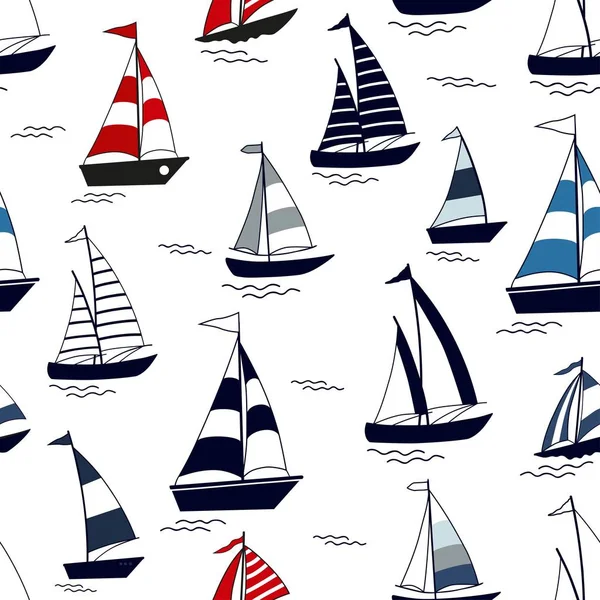 Modèle marin sans couture avec des bateaux de dessin animé — Image vectorielle