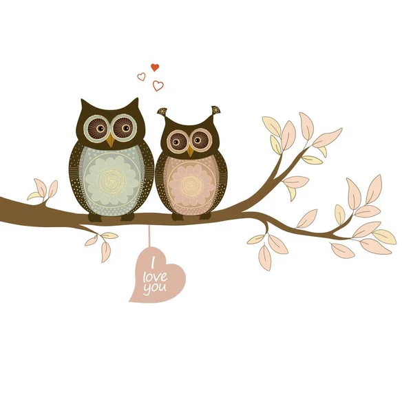 Cute owls in love. Happy Valentine's Day greeting card — 스톡 벡터