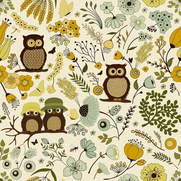 Floral seamless pattern with cute cartoon owls — Stock Vector