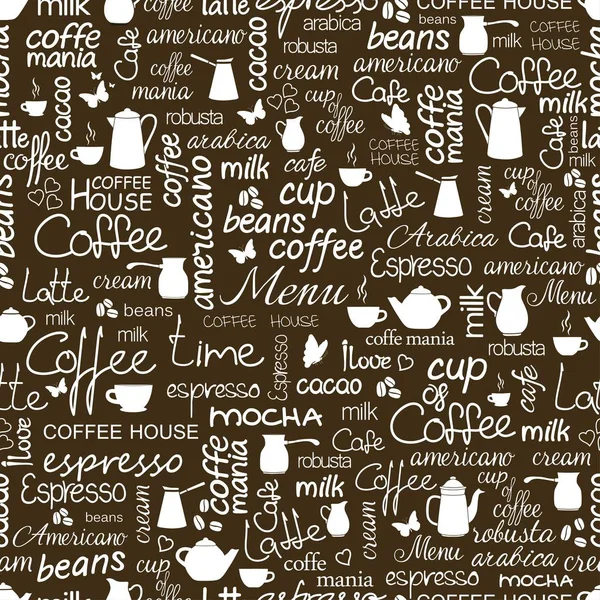 Patrón Diseño Sin Costuras Con Letras Dibujadas Mano Café — Vector de stock