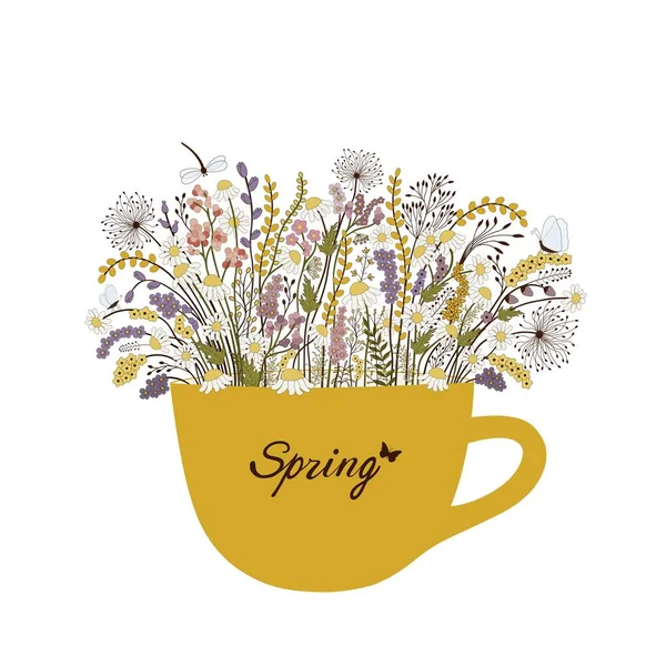 Cup Met Lentebloemen Witte Achtergrond — Stockvector