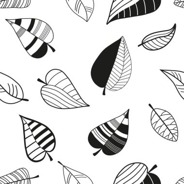 Soyut stil yaprakları olan kusursuz bir desen. Siyah ve beyaz resim