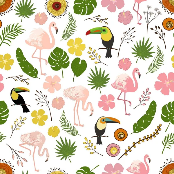 Flamingo Tukan Tropik Yapraklar Çiçeklerle Kusursuz Dekoratif Desen — Stok Vektör