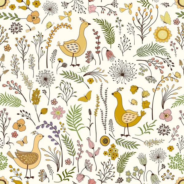 Bloemen Naadloos Patroon Met Leuke Cartoon Vogels — Stockvector