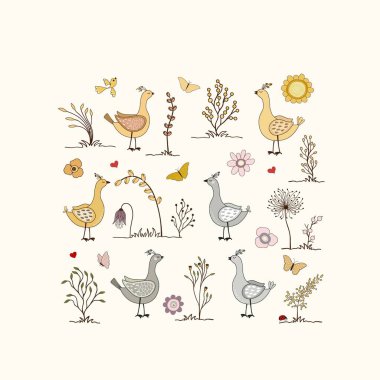  Çizgi film tarzında elle çizilmiş renkli kuşların deseni 