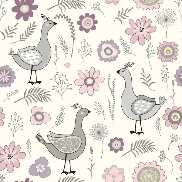Bloemen Naadloos Patroon Met Leuke Cartoon Vogels — Stockvector