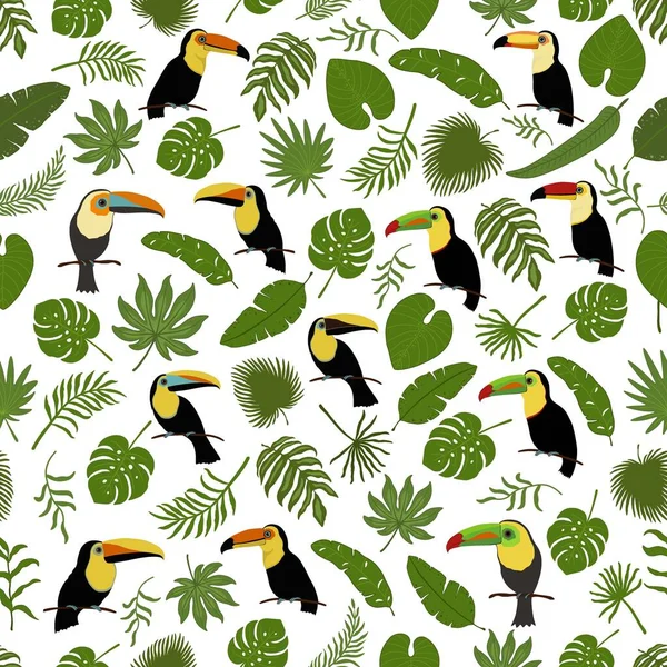 Seamless Decorative Pattern Toucans Tropical Leaves — Stock Vector