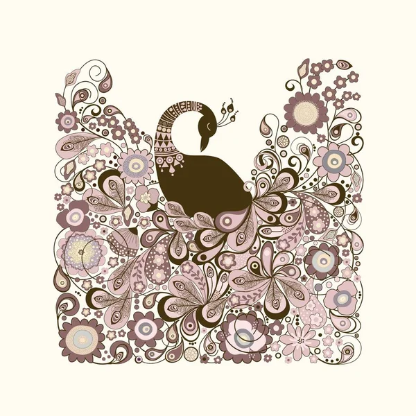 Kort Med Stiliserad Vacker Påfågel Med Blommor — Stock vektor