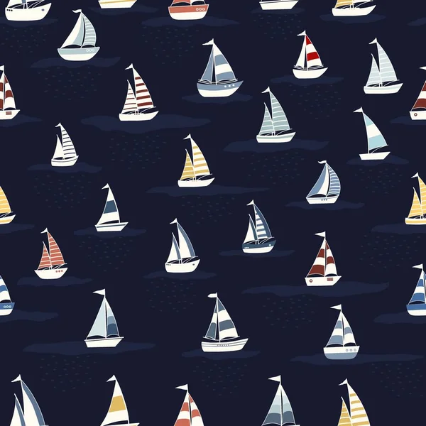 Padrão Marinho Sem Costura Com Barcos Desenhos Animados Fundo Azul —  Vetores de Stock
