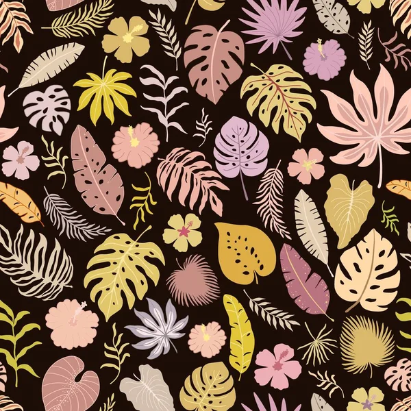 Nahtloses Muster Mit Bunten Tropischen Blättern Und Blüten — Stockvektor