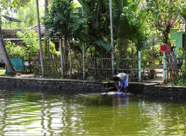 Yaşlı bir kadın nehir kıyısında haftalık çamaşırlarını yıkıyor.