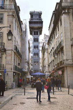 Lisbon, Portugul - 25th April 2019:Tourists and the Santa Justa Lift