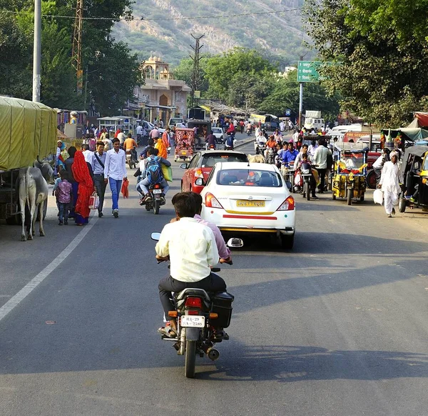 Ranthambhore India 10Th November 2019 Vehicles Cattle People Sharing Road — Stock Photo, Image
