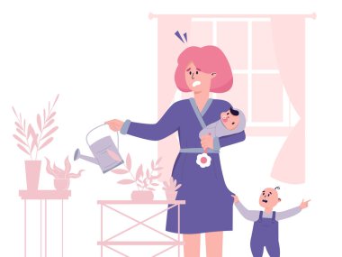 Ebeveynlik ve ev işlerini birleştirmeye çalışan yorgun bir genç anne. Doğum sonrası depresyon kavramı.
