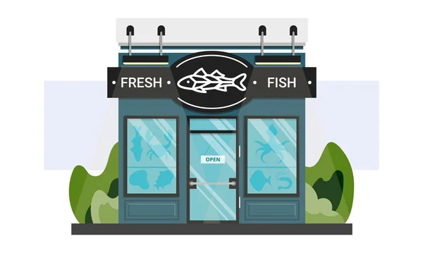 Маленький местный рыбный магазин с табличкой. Свежие морепродукты, изолированные на белом. Gourmet, здоровый и экологичный поставщик рыбной продукции. Концепция малого бизнеса и предпринимательства . — стоковый вектор
