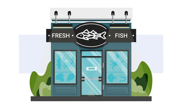 Petite poissonnerie locale entrée avant avec panneau de ligne. Vitrine de fruits de mer frais isolée sur blanc. Fournisseur de produits du poisson gastronomique, sain et écologique. Concept de petite entreprise et d'entrepreneuriat . — Image vectorielle