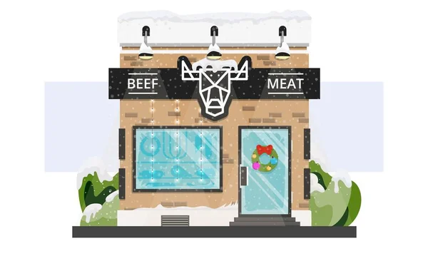 Fresco negozio di carne con ghirlanda di Natale e ghirlande e neve isolata su bianco . — Vettoriale Stock