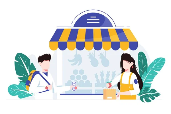 Client effectuant un achat à l'épicerie locale. Un commerçant serviable emballe fruits, légumes et légumes frais . — Image vectorielle