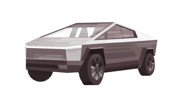 Camion elettrico isolato su bianco. Auto cyber pick-up grigio metallizzato. Futuristico veicolo ecologico e a risparmio energetico . — Vettoriale Stock