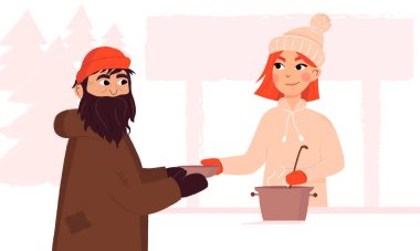 Kışın çorbacı hayır etkinliği. Genç bayan gönüllü evsiz bir adama sıcak yemek servisi yapıyor. Nezaket icabı.